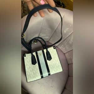 Michael Kors center stripe maple small leather satchel navy